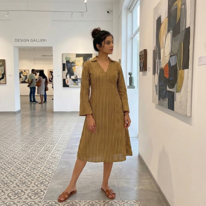 Olive Streak Bell-Sleeve Dress